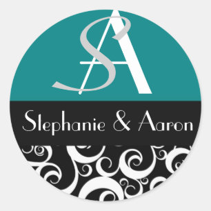 Damask Wedding Monogram in Schwarz und Aquamarin Runder Aufkleber