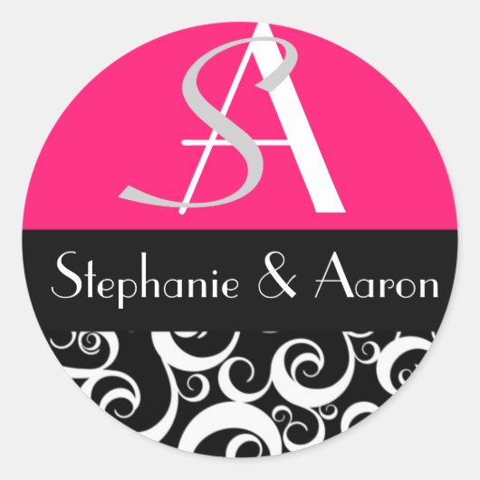 Damask Wedding Monogram in Schwarz und Heiß Rosa Runder Aufkleber (Vorderseite)