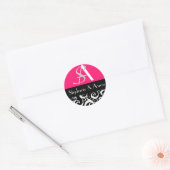 Damask Wedding Monogram in Schwarz und Heiß Rosa Runder Aufkleber (Umschlag)