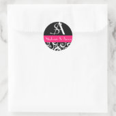 Damask Wedding Monogram in Schwarz und Heiß Rosa Runder Aufkleber (Tasche)