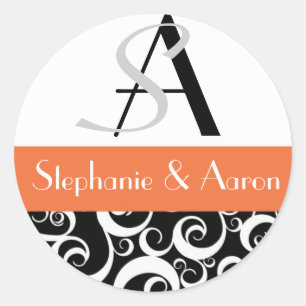 Damask Wedding Monogram in Schwarz und Orange Runder Aufkleber