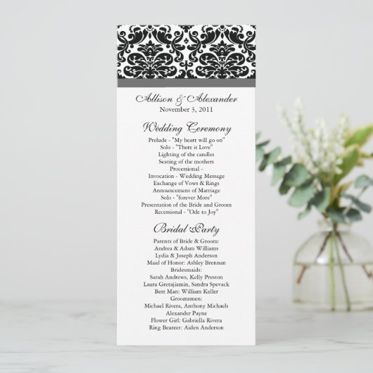 Damask Wedding Program Black & Charcoal Gray Programm (Stehend Vorderseite)