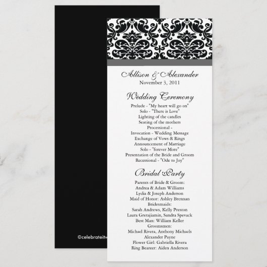 Damask Wedding Program Black & Charcoal Gray Programm (Vorne/Hinten)