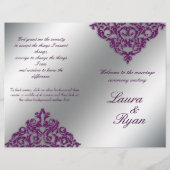 Damask Wedding Program Flyer Silver Lila Glitzer (Vorderseite)
