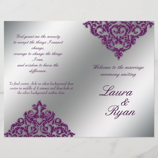 Damask Wedding Program Flyer Silver Lila Glitzer (Vorderseite)
