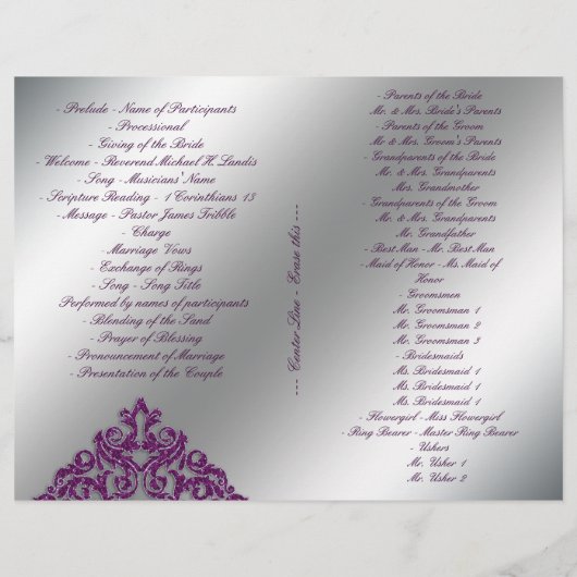 Damask Wedding Program Flyer Silver Lila Glitzer (Rückseite)