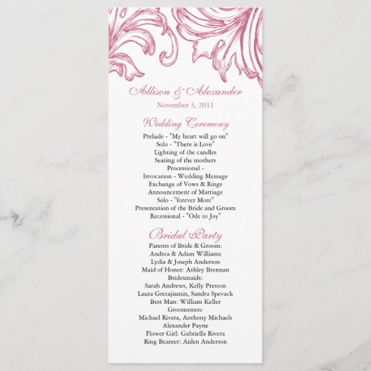 Damask Wedding Program Honeysuckle Pink Programm (Vorderseite)