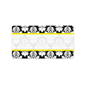 Damask Wedding Schwarz-weiß Yellow Labels Adressaufkleber