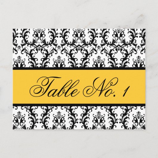 Damask Wedding Tischnummer Card Gelb Schwarz (Vorderseite)