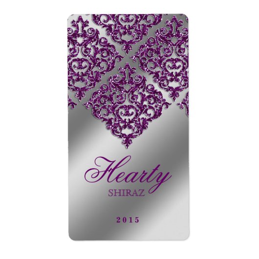 Damask Wedding Wine Label Sparkle Purple Silver (Vorne)
