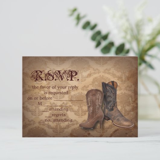 Damask Western Cowboy Hochzeit RSVP Reaktion (Stehend Vorderseite)