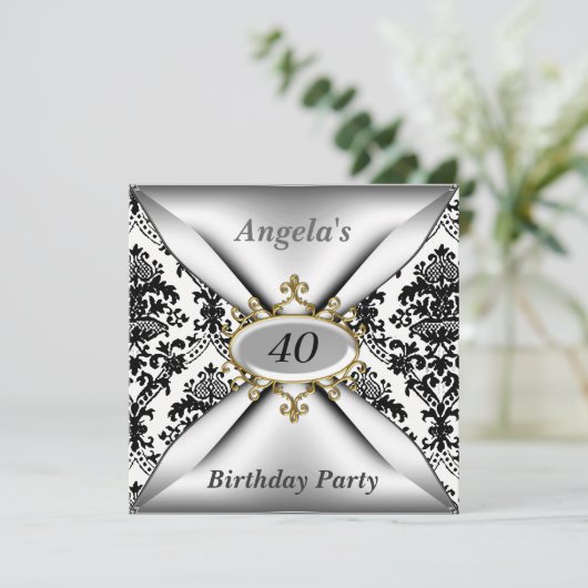 Damask White Birthday Party - Einladung (Stehend Vorderseite)