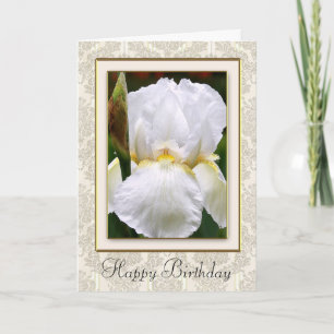 Damask White Iris Happy Birthday Card Karte