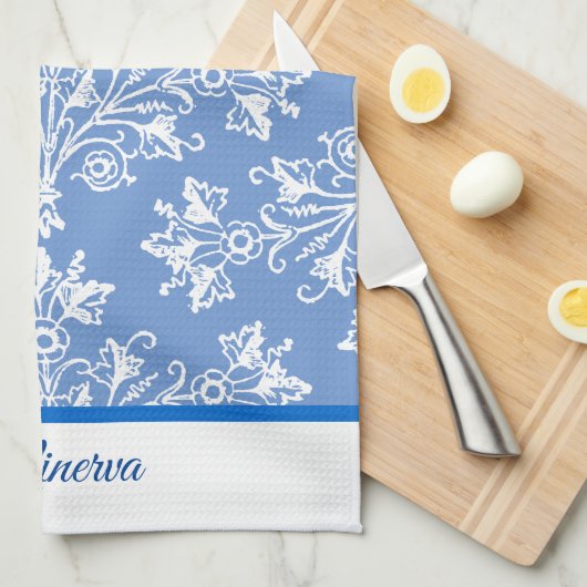 Damask White mit bearbeitbarem Border Geschirrtuch (Viertel Falte)