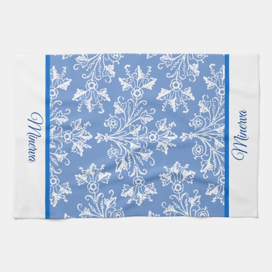 Damask White mit bearbeitbarem Border Geschirrtuch (Horizontal)