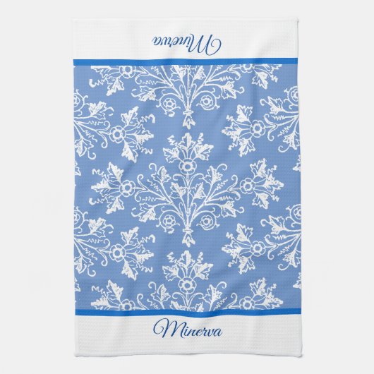 Damask White mit bearbeitbarem Border Geschirrtuch (Vertikal)