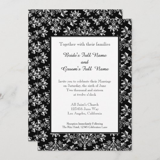 Damask White on Black Editable Wedding Einladung (Vorne/Hinten)
