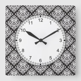 Damask White on Black Quadratische Wanduhr