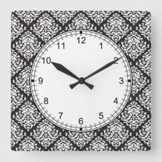 Damask White on Black Quadratische Wanduhr