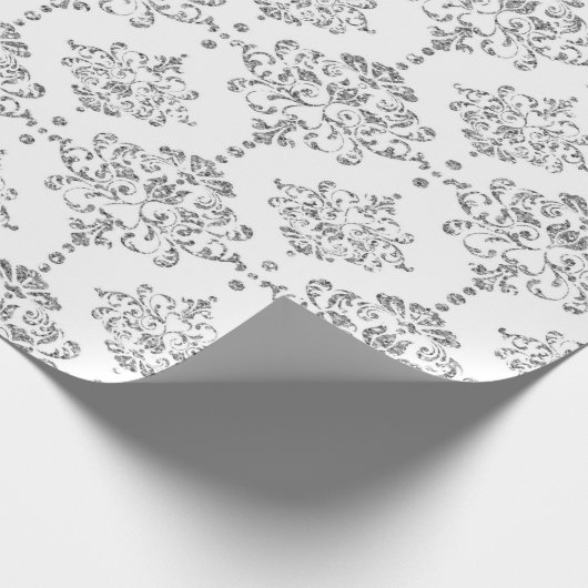 Damask White Royal Gray Silver Glitzer Geschenkpapier (Ecke)