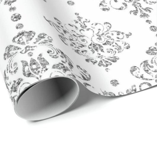 Damask White Royal Gray Silver Glitzer Geschenkpapier (Rolleneckpunkt)