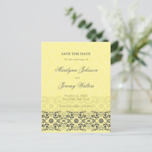 Damask Wirbel Lace Butter Save the Date Postkarte (Stehend Vorderseite)