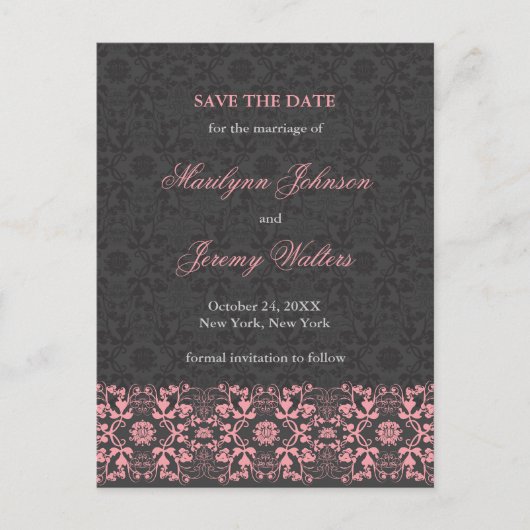 Damask Wirbel Lace Charcoal Save the Date Postkart Ankündigungspostkarte (Vorderseite)
