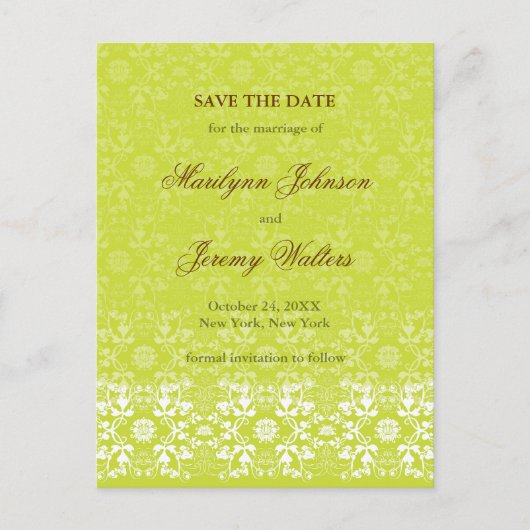 Damask Wirbel Lace Limon Save the Date Postkarte (Vorderseite)