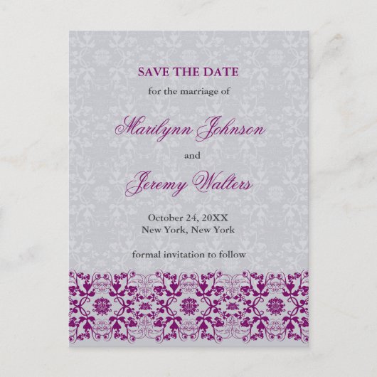 Damask Wirbel Lace Orchid Save the Date Postkarte (Vorderseite)