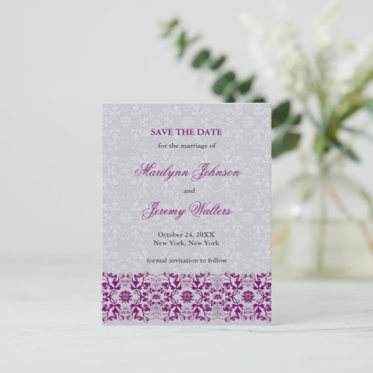 Damask Wirbel Lace Orchid Save the Date Postkarte (Stehend Vorderseite)