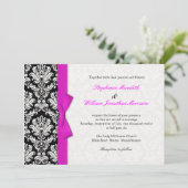 Damask With Hot Pink Bow Wedding Invitation Einladung (Stehend Vorderseite)