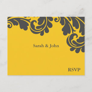 Damask Yellow and Gray Wedding RSVP Einladungspostkarte