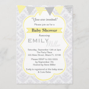 Damask Yellow Baby Dusche Einladung Unisex