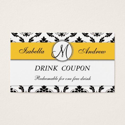 Damask Yellow Wedding Free Drink Coupon Card (Vorderseite)