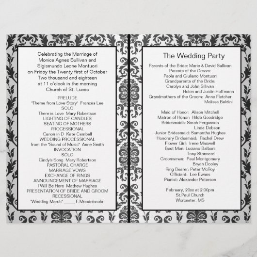 Damaske schwarz, grau, rote Rosen Hochzeitsprogram (Rückseite)