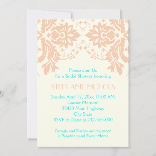 Damaskepfirma, Aqua, Elfenbeinhochzeit Brautparty Einladung (Vorderseite)