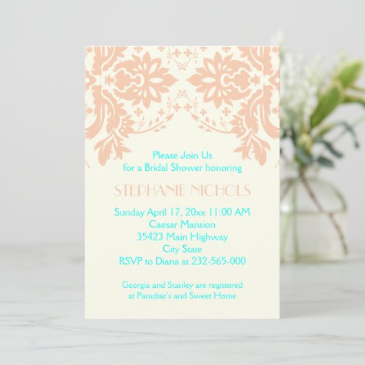 Damaskepfirma, Aqua, Elfenbeinhochzeit Brautparty Einladung (Stehend Vorderseite)