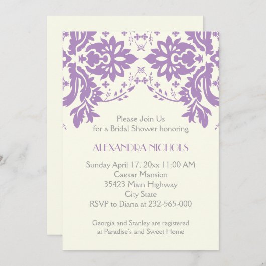 Damasklavender, grau, Elfenbeinehochts-Brautparty Einladung (Vorne/Hinten)