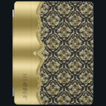 Damasks & Metallis Rahmen schwarz, Gold & Diamante iPad Hülle<br><div class="desc">Elegantes schwarzes Gold und Touch von Diamanten Glitzer Vintage Blumengestauke mit metallischem Edelstahlrahmen. Anpassbare Monogramm.</div>