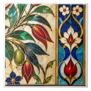 Damaskus- und osmanische Oliven-Tulpen-Buntglas Fliese