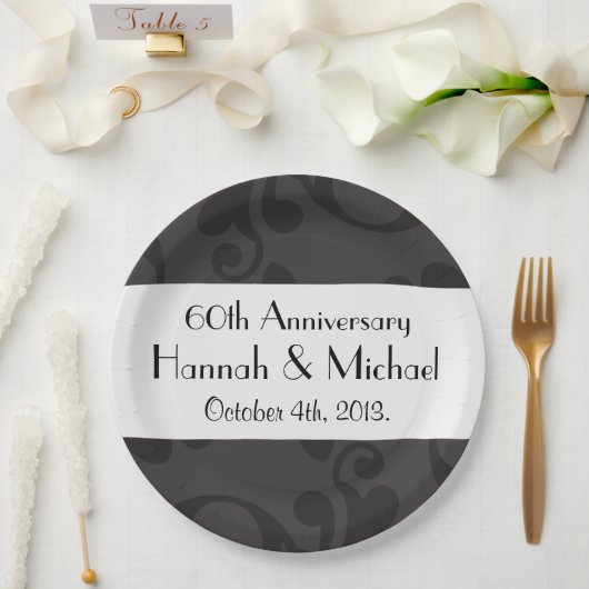 Damaskusmuster, grauer Damast, Jubiläum Pappteller (Hochzeit)