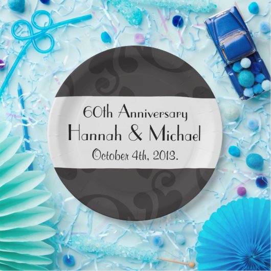 Damaskusmuster, grauer Damast, Jubiläum Pappteller (Party)