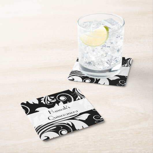 Damaskusmuster, Schwarz und Weiß, Quinceanera Rechteckiger Pappuntersetzer (Vor Ort)