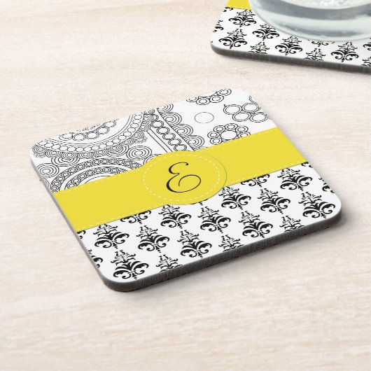 Damaskusmuster, Schwarz-Weiß-Damast, Monogramm Untersetzer (Linke Seite)