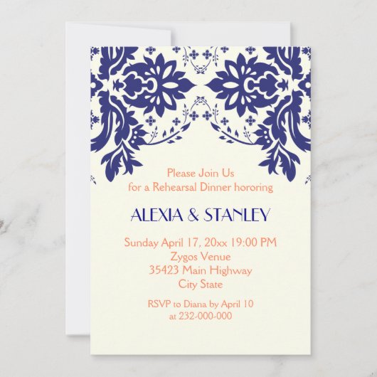 Damassovy blau, Korallenhochzeit Probe Dinner Einladung (Vorderseite)