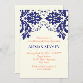 Damassovy blau, Korallenhochzeit Probe Dinner Einladung (Vorne/Hinten)