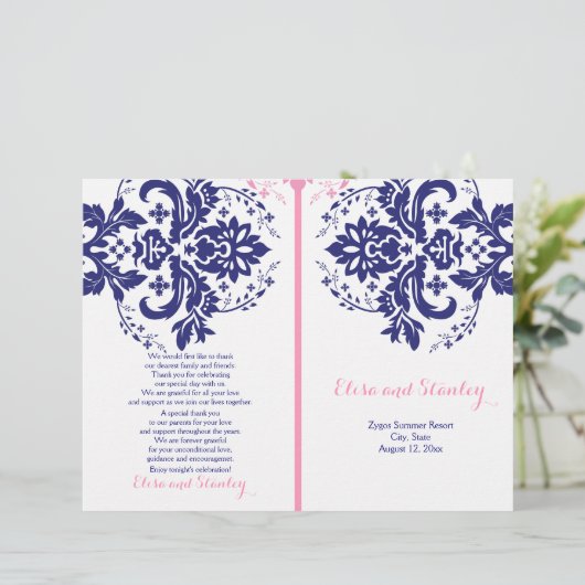 Damassowa, blaues, rosa Hochzeitsprogramm (Stehend Vorderseite)