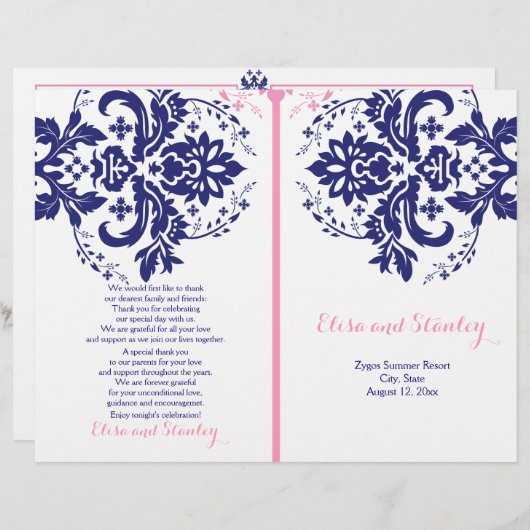 Damassowa, blaues, rosa Hochzeitsprogramm (Vorne/Hinten)