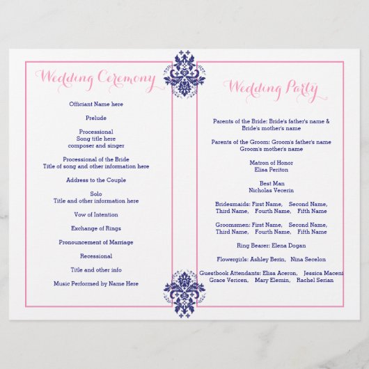 Damassowa, blaues, rosa Hochzeitsprogramm (Rückseite)