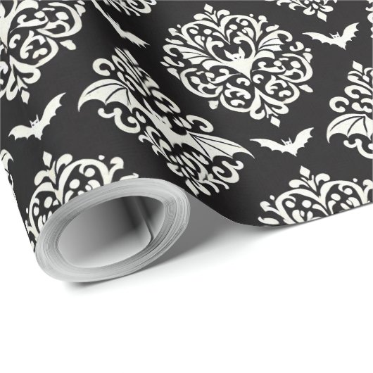 Damast aus schwarzem und weißem Bat Geschenkpapier (Rolleneckpunkt)